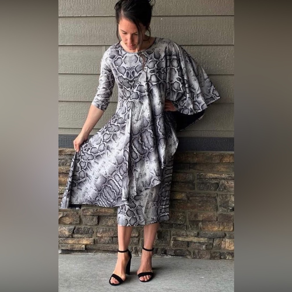 Hope Morgan Apparel Snake Print Midi Dress with Draped Sleeve - Gray